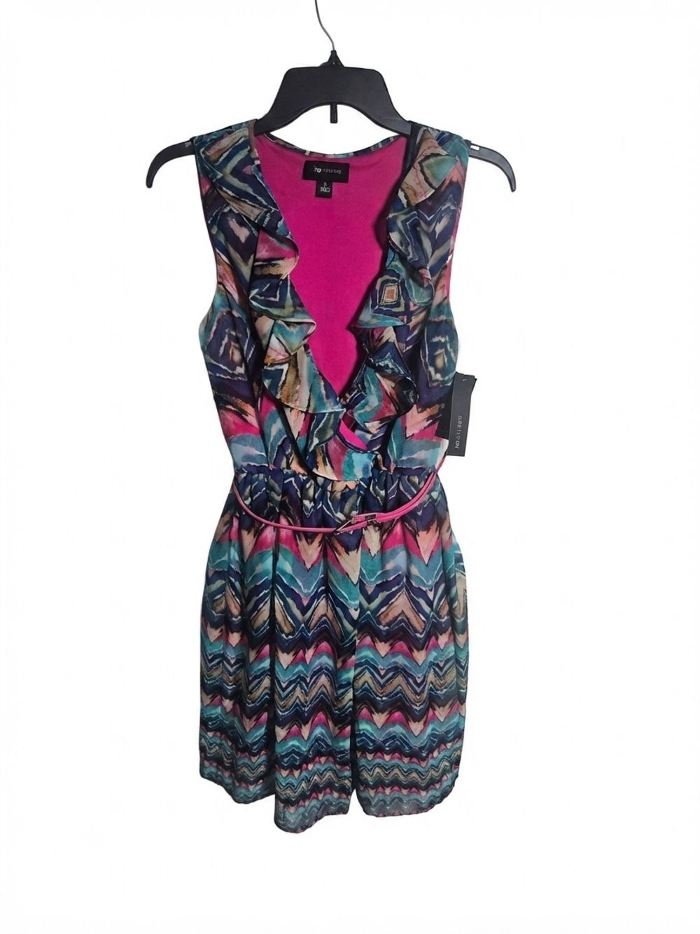 AB Studio NWT Multicolor Ruffle V-Neck Dress with Pink Belt Small